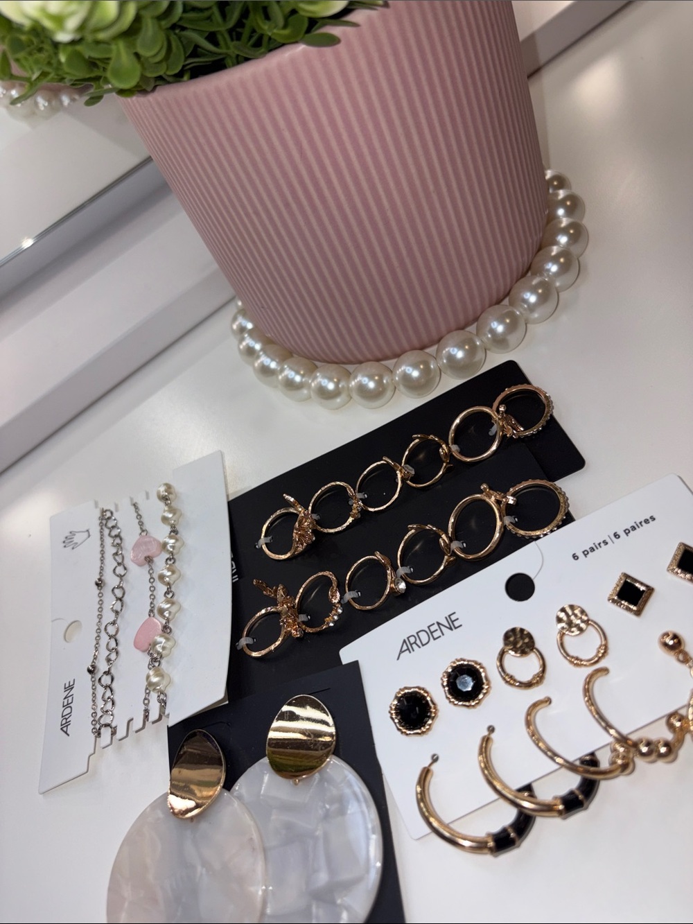 ARDENE Gold-Tone Mixed Earrings & Bracelet Set with Black and Pearl Accents